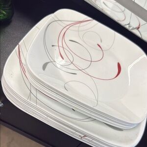 Elegant White Dinner Plate Set with Red and Gray Accents